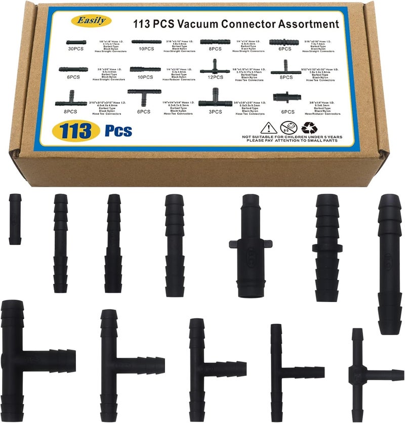 Easily Vacuum Connector Assortment 113 PCS Heat Resistance 240℃（460℉）Automotive Vacuum Tubing Connector Vacuum Tee Connector Assortment Kit Black Nylon - Image 1